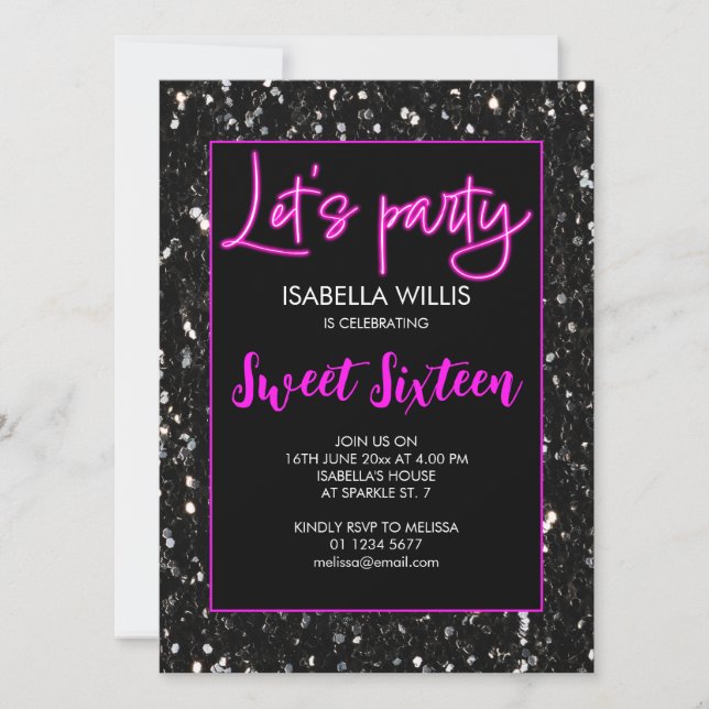 Black sparkles Sweet 16 neon pink lets party Invitation (Front)