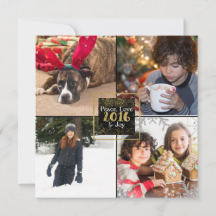 Black & Sparkling Faux Gold 2016 Holiday 4 Photo Card