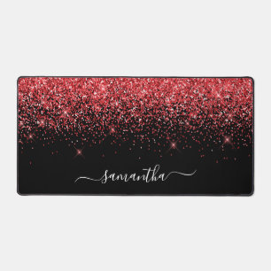 Black Sparkly Red Glitter Elegant Name Desk Mat
