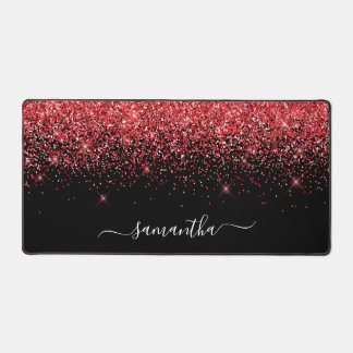 Black Sparkly Red Glitter Elegant Name Desk Mat