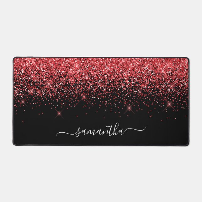 Black Sparkly Red Glitter Elegant Name Desk Mat (Front)
