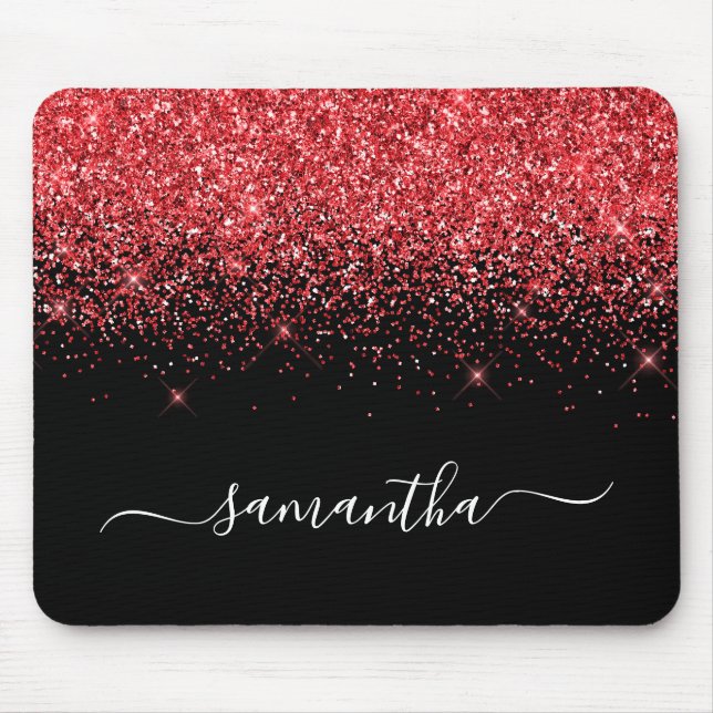 Black Sparkly Red Glitter Elegant Name Mouse Mat (Front)