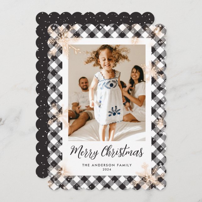 Black Sparkly Snowflakes Photo Merry Christmas Holiday Card (Front/Back)