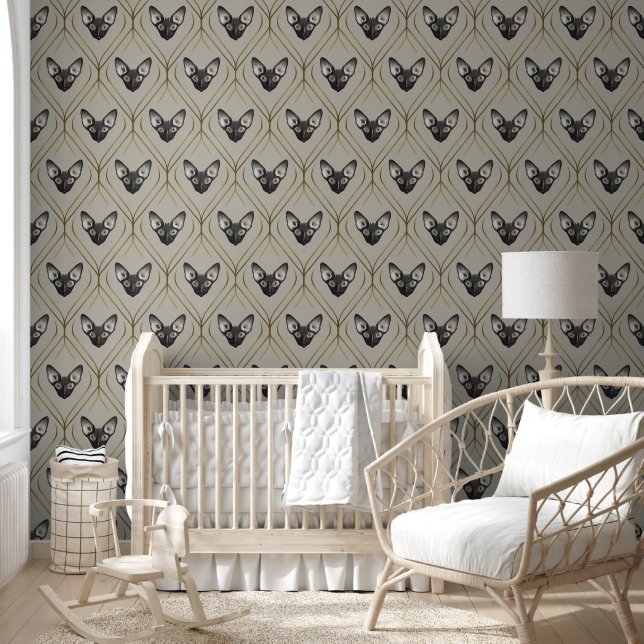 Black Sphynx Cat Heads Beige Peel Stick Wallpaper (Kids)