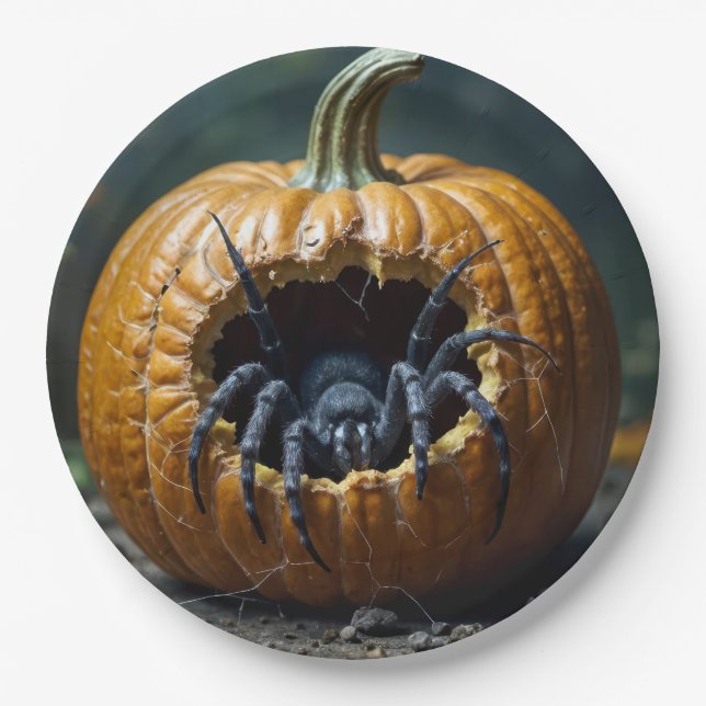 Black Spider Crawling Out of a Pumpkin Paper Plate (Front)