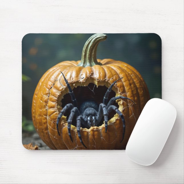 Black Spider Crawling Out of Pumpkin Mouse Mat (With Mouse)