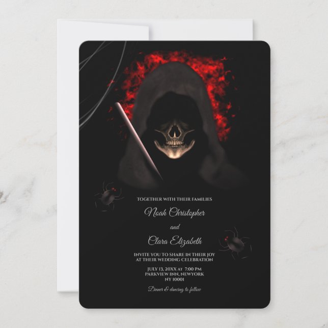 Black spider dark moody gothic skull halloween  invitation (Front)