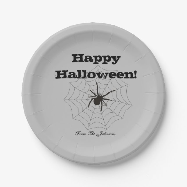 Black Spider Grey Paper Halloween Party Plates (Front)