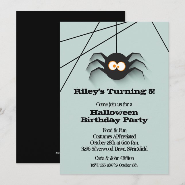 Black Spider Halloween Birthday Party Invitations (Front/Back)