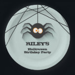 Black Spider Halloween Birthday Party Paper Plate<br><div class="desc">A creepy black spider hanging from his web,  these paper plates are fun for a Halloween birthday party for any age or a Halloween costume party,  just change the wording to fit your occasion. MATCHING items in our store.</div>
