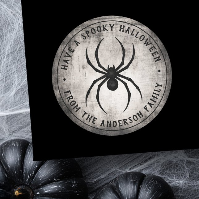 Black spider Happy Halloween personalised name Classic Round Sticker (Black spider Happy Halloween personalized name Classic Round Sticker)