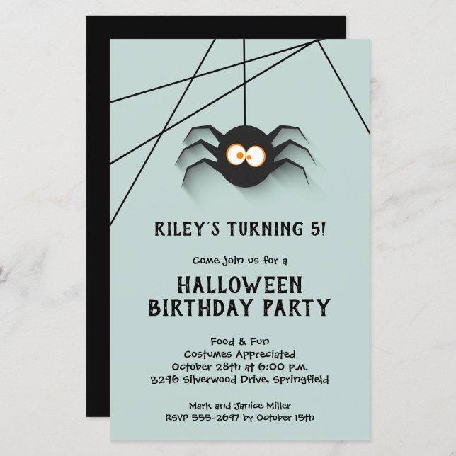 Black Spider Kids Halloween Birthday Invitations (Front/Back)
