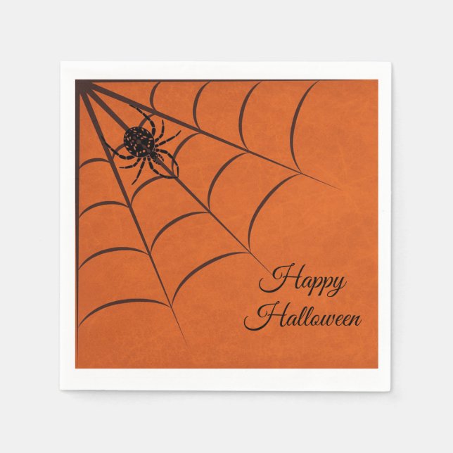 Black Spider, Orange Halloween Paper Napkin (Front)