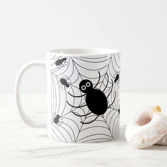 Black Spider Web Halloween Decor Coffee Mug (With Donut)