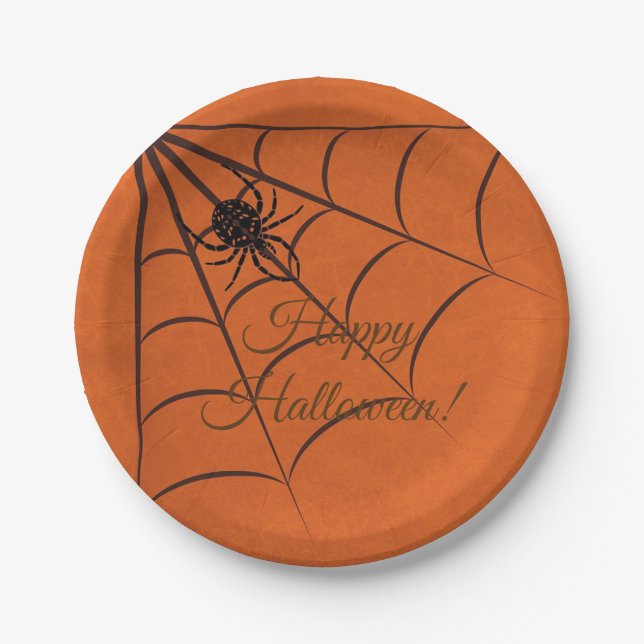 Black Spider & Web Halloween Paper Plate (Front)