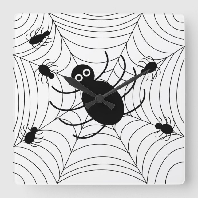 Black Spider Web Halloween Square Wall Clock (Front)