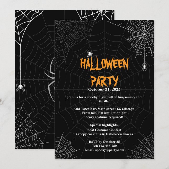 Black Spider Web Typography Halloween Party Invitation (Front/Back)