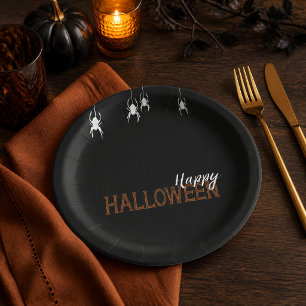 Black Spiders Happy Halloween Orange Party Paper Plate