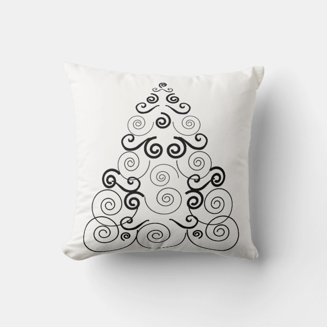 Black, spiral Christmas tree, white throw pillow. Cushion (Front)