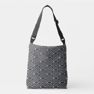 Black Spiral Circles on Quick Silver Grey Crossbody Bag