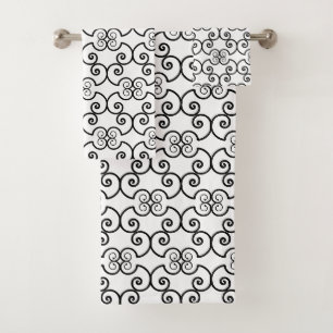Black spiral design pattern on white bath towel set