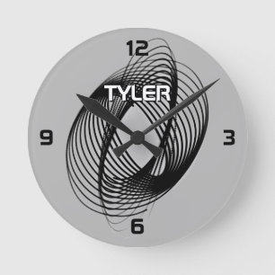 Black Spiral, DIY Name White & Blk Outline, Grey Round Clock
