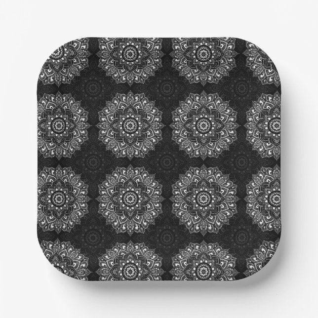 Black spiritual Indian mandala pattern Paper Plate (Front)