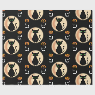 Black Spooky cat green eyes with moon Halloween Wrapping Paper
