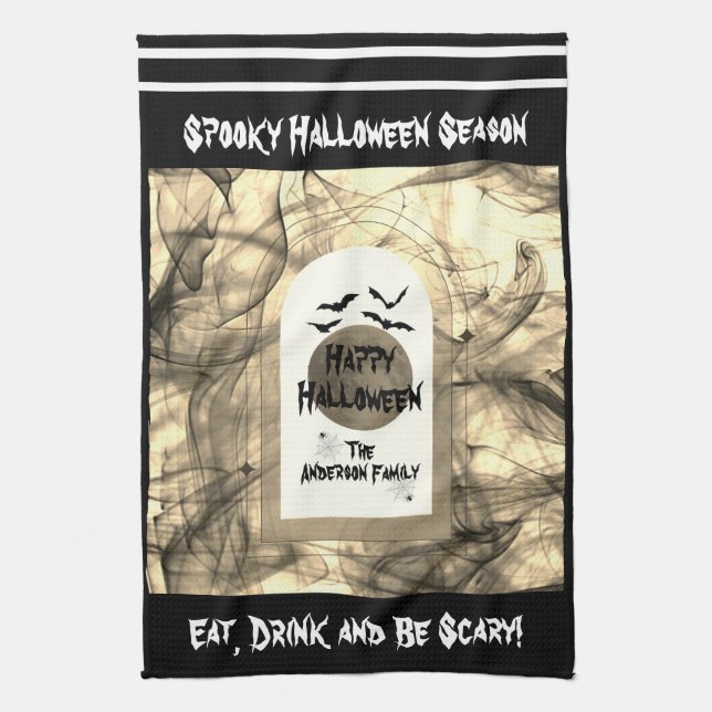 Black Spooky Eat, Drink & Be Scary Happy Halloween Tea Towel (Vertical)