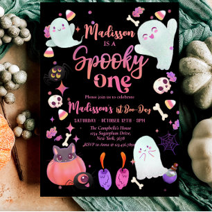 black Spooky One Halloween Ghost 1st Birthday Invitation