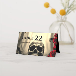 Black Spooky Skull and Red Roses Gothic Halloween Place Card