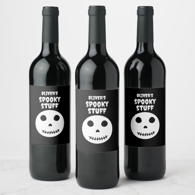 Black Spooky Stuff Halloween Skull Wine Label (Bottles)