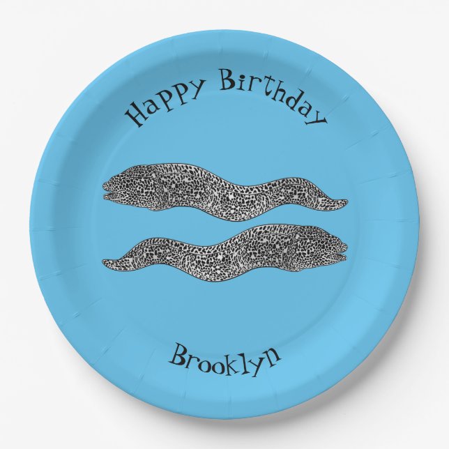Black spotted moray eel cartoon illustration  paper plate (Front)