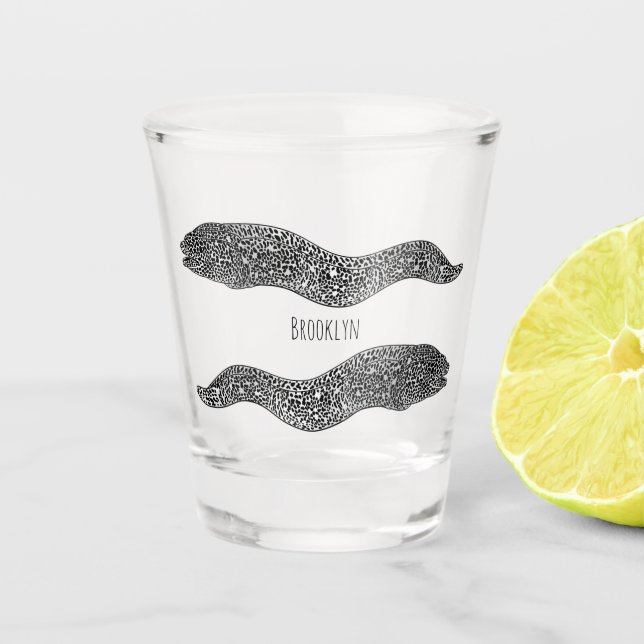 Black spotted moray eel cartoon illustration shot glass (Front)