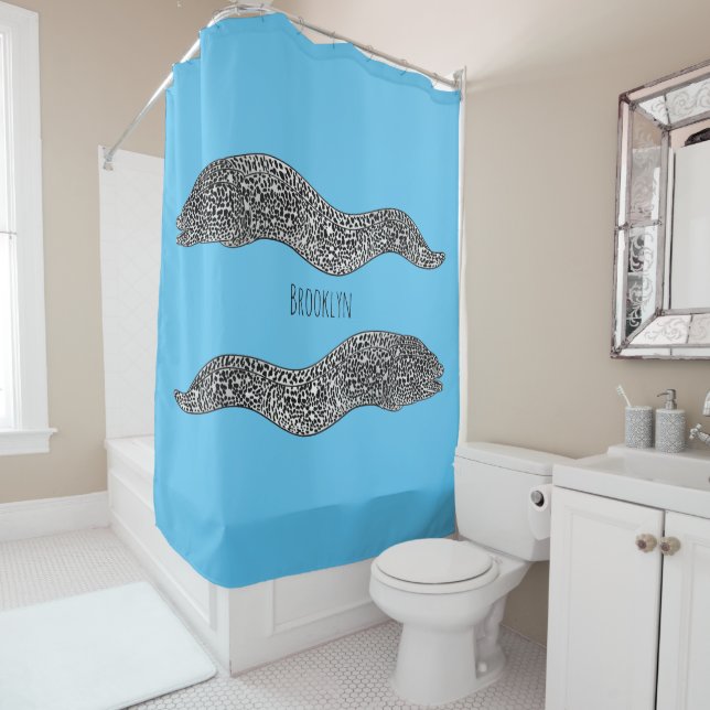 Black spotted moray eel cartoon illustration shower curtain (In Situ)