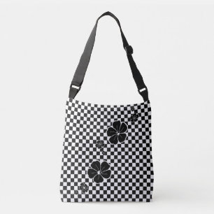 Black Spring Flowers Chequered Cross Body Tote Bag