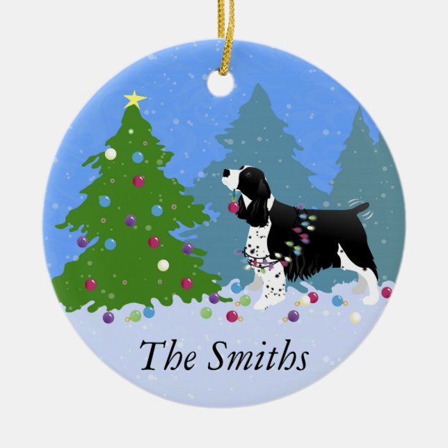 Black Springer Spaniel Decorating Christmas Tree Ceramic Tree Decoration (Front)
