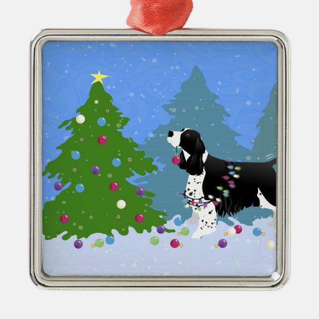Black Springer Spaniel Decorating Christmas Tree Metal Tree Decoration (Front)