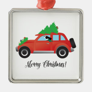 Black Springer Spaniel Dog - Car with Tree on Top Metal Tree Decoration
