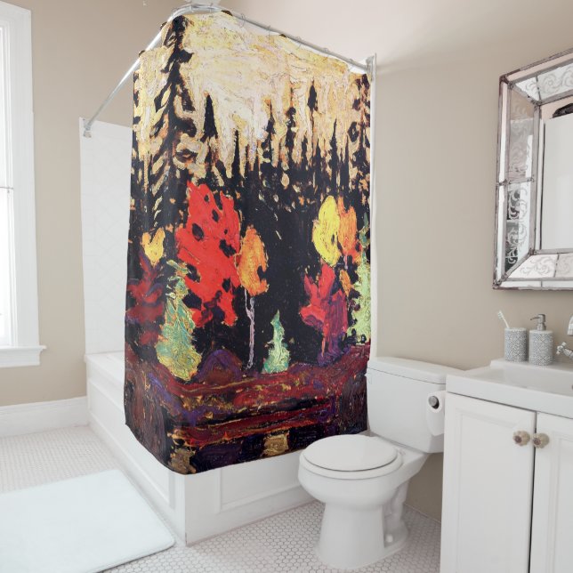 Black Spruce and Maple, art by Tom Thomson Shower Curtain (In Situ)