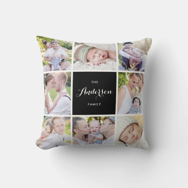 Black | Square Family Photo Collage Pillow (Front)