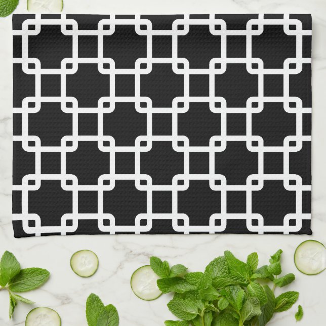 Black Square Link Pattern Kitchen Towel (Folded)