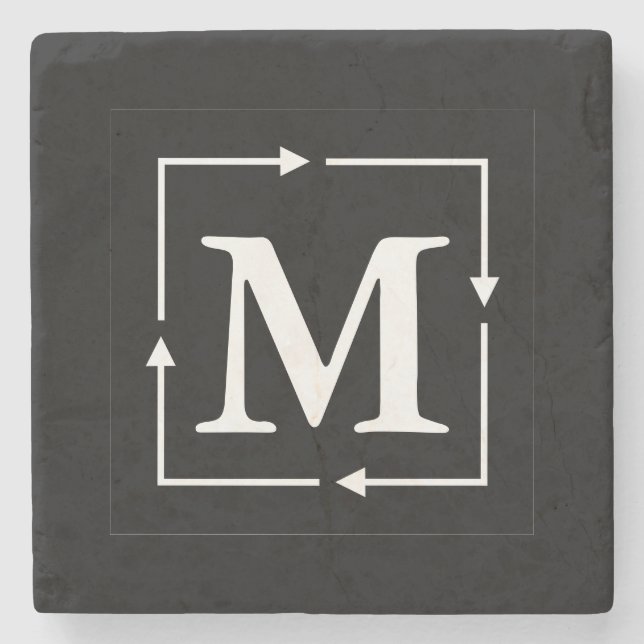 Black Square Monogram Personalised Stone Coaster (Front)