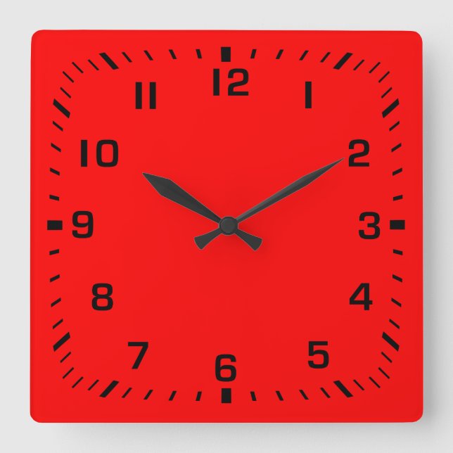 Black Square Number Faceplate on Red Square Wall Clock (Front)