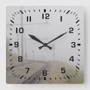 Black Square Numbers / Railroad Tracks with Fog Wall Clock