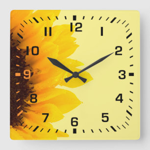 Black Square Numbers / Soft Yellow Brown Sunflower Wall Clock