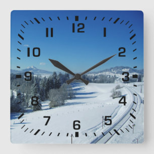 Black Square Numbers / Winter Snow Railroad Tracks Wall Clock