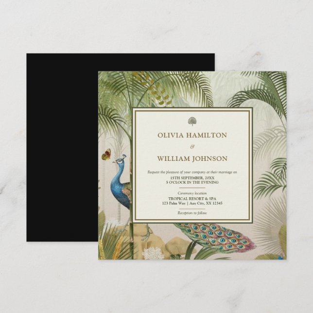 Black Square Tropical Peacock Palm Wedding Invitation (Front/Back)