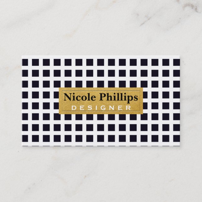 Black Squares on White & Gold Chic Business Card (Front)