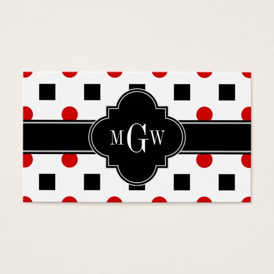 Black Squares Red Dots Black Quatrefoil 3 Monogram Business Card
